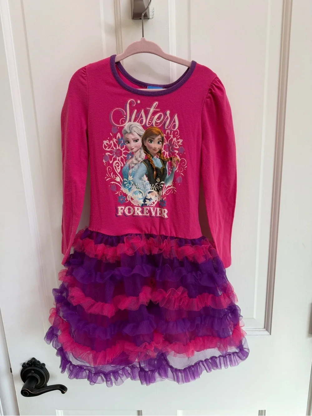 Disney Girls 4 Frozen Elsa Anna Pink & Purple Frozen Sisters Long Sleeve Dress